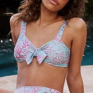 PatBO Coral Tie Knot Bandeau Bikini Swim Top Blue Pink Medium